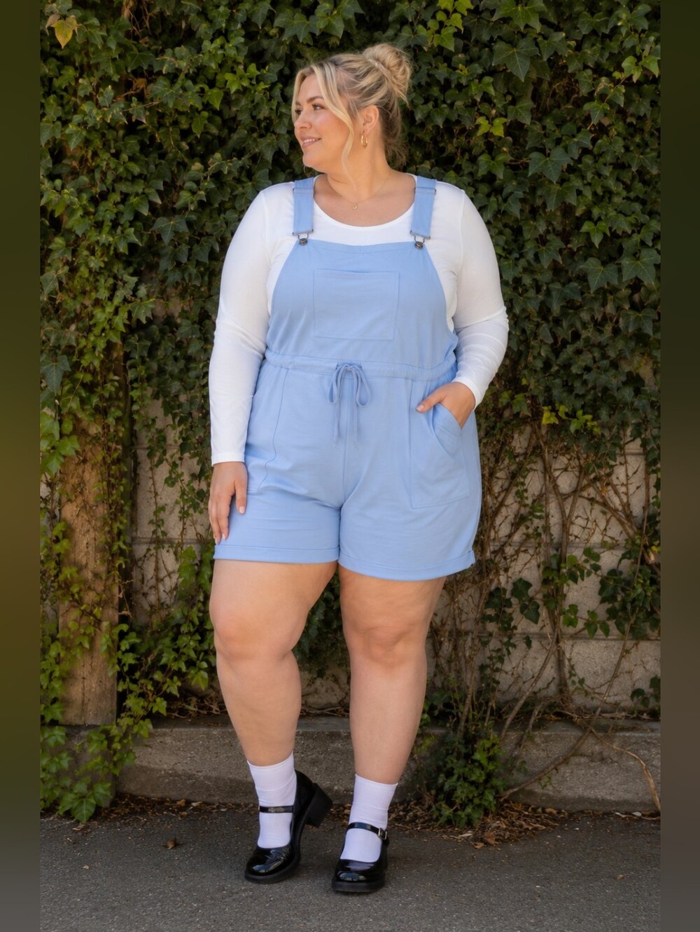 BloomChic Light Blue Drawstring Short Overalls